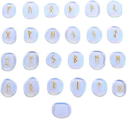 Banshren Glass Opalite Rune Stones Set Engraved Symbol with a Velvet Pouch