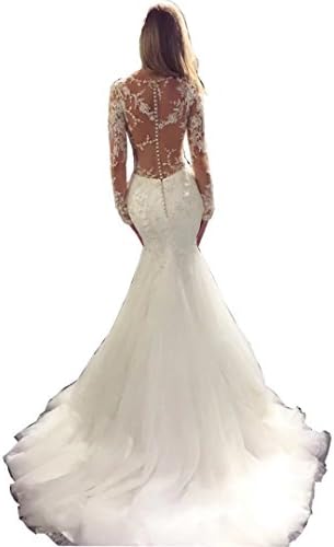 DingDingMail Vintage Long Sleeves Wedding Dresses Mermaid Sheer Illusion Back Lace Mermaid Bridal Gowns