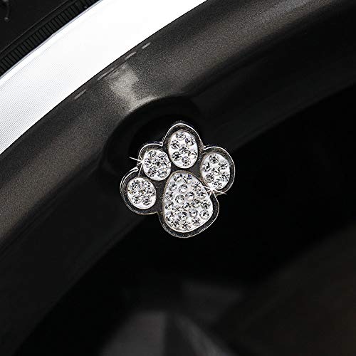 Valve Stem Caps, 4 Pack Handmade Crystal Rhinestone Dog Footprints Universal Car Tire Valve Caps Chrome,Attractive Dustproof Bling Car Accessories - Dog Footprints