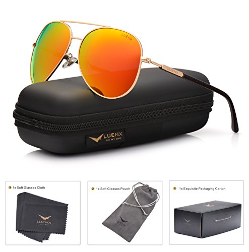 LUENX Womens Mens Aviator Sunglasses Polarized with Case - UV 400 Protection Orange Lens Gold Frame 60mm