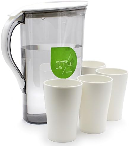 MotionMi Water Pitcher with Lid and 4 Cups - Refrigerator Carafe with Handle for Homemade Juice, Ice Tea, Cold Water