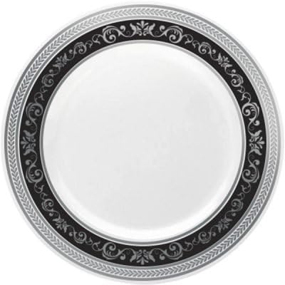 Royalty Settings Royal Collection Heavy Duty Plastic Plates for Weddings for 20 Persons, Includes 20 Dinner Plates, 20 Salad Plates, 40 Forks, 20 Spoons, 20 Knives, Black and Silver Rim