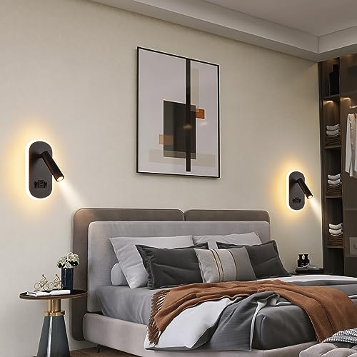 LED Reading Lamp with Switch, USB Charging Port + Type C Reading Light, 3W 3000K+9W 6000K Rotatable Wall Light for Reading, Indoor Inblack Wall Lighting, Night Lamp Bedroom Hotel