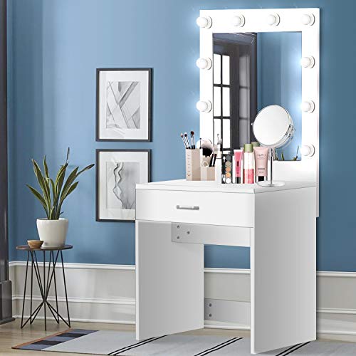 US Shipping Vanity Set with Lighted Mirror, YEEGO Makeup Vanity Dressing Table Dresser Writing Desk with Drawer for Bedroom Easy Assembly, White(10PCS Cool LED Bulbs)