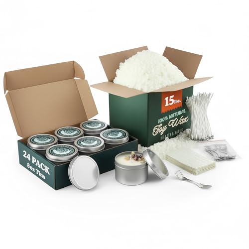 Hearth & Harbor 15 lbs. Soy Candle Wax with Supplies, 8 oz. 24 Pack Tin Jars wi…