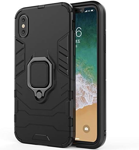iPhone X/iPhone Xs Case, [2.0 Upgraded Version] Tough PC+TPU Soft Silicone Shockproof Dual Layer Heavy Duty Armor Bumper Protective Cover Ring Grip [Metal Plate for Magnetic Car Mount] [Black]