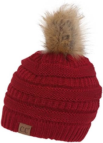 Gravity Threads CC Cable Knit Faux Fur Pom Pom Beanie Hat, Red