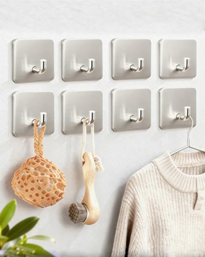 Ylitreus Handtuchhaken Ohne Bohren, Klebehaken Extra Stark Wandhaken Selbstklebend Aus Edelstahl Im Freien Wasserfest Ideal Für Bad Tür Toilette Küche Schlüssel Kleider (Silber, 8 Stück)