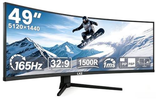 LXZ 49 Zoll Curved Gaming Monitor 165 Hz, 5120 x 1440P DQHD Ultrawide Curved Monitor, 1500R 32:9 Computer Monitor with FreeSync&G-Sync, Height-Adjusta