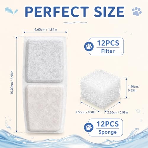 12 Filtros para Fuente de Agua para Gatos, Compatible con Pliera W01SP 3.2L, Incluye 12 Filtros de Carbón Activado y 12 Filtros de Espuma para Bomba de Agua