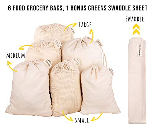 Best Reusable Produce Bags in Mesh and Muslin - Organic Reusable Muslin Produce Bags - Washable Cotton Storage Ecobag - Farmers Market Bag - 6 Food Grocery Bags, 1 Bonus Greens Swaddle Sheet- S, M, L