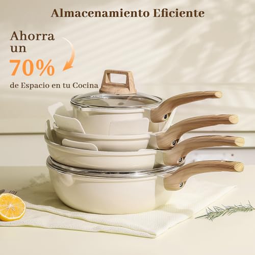 CHEFOLLA Sartenes Antiadherentes 12 Piezas, Bateria de Cocina, Juego de Sartenes de Induccion, Juego de Ollas y Sartenes, Fácil Limpieza, con Sartenes y Cacerolas, Granito Blanco