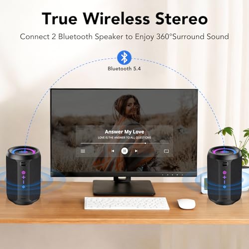 Bluetooth Speaker Wireless with Stereo Sound & Mic for Calls, Bluetooth 5.4 Portable Speaker with 12H Playtime, 6 RGB Lights & TWS Pairing, IPX7 Waterproof Outdoor Speaker for Home, Hiking, Party