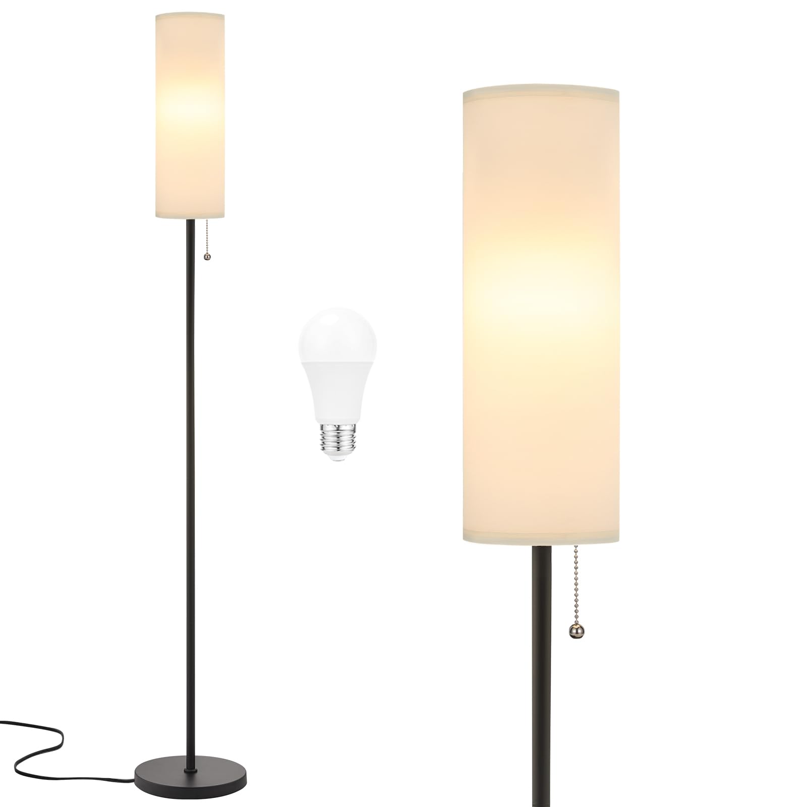 Ambimall Floor Lamp for Living Room with 3 Color Temperatures Bulb, 64" Standing lamp with Linen lampshade for Bedroom, Minimalist Pole Lamp, White Shade & Black Pole Image