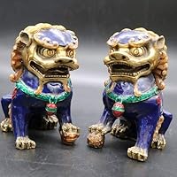 XHCP Feng Shui Bronze A Pair Old Chinese Cloisonne Copper Lion Foo Dog Statue