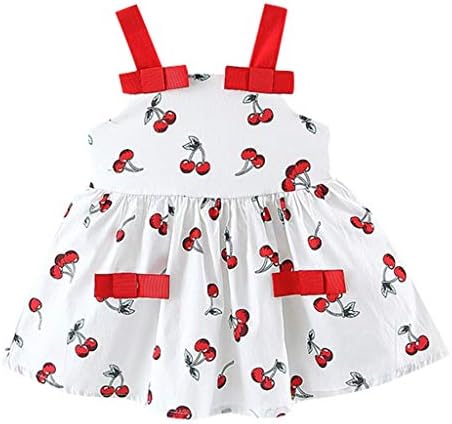 Dinlong Toddler Kid Baby Girl Summer Skirt Sleeveless Sling Fashion Cherry Printed Party Princess Dress (White, 0-6 Months)