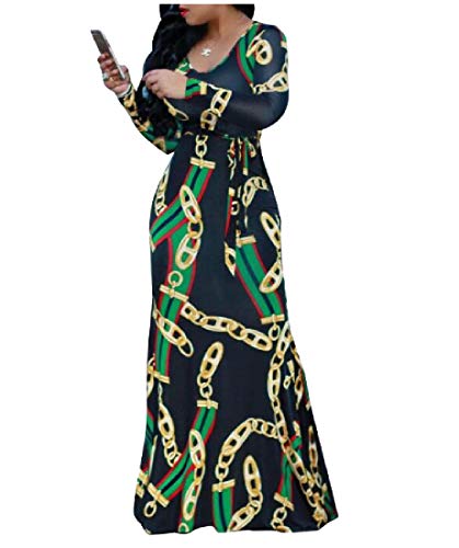 Comaba Women Fashion Plus-Size Digital Print Crew Neck Long Dress AS1 S