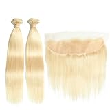 613 Blonde Straight Human Hair Bundles With 13x4 Lace Frontal Closure 100% Brazilian Virgin Hair Natural Color Extensions (12 14 with 12 inch)