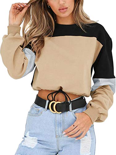 Angashion Womens Sweatshirt-Long Sleeve Drawstring Hem Color Block Crop Top Pullover Tops Khaki S