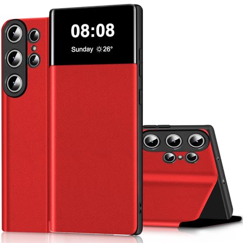 Custodia a portafoglio per Samsung Galaxy S25 Ultra Clear View per Samsung S25 Ultra Custodia a libro con supporto, antiurto, antigraffio, scomparto per carte di credito 5G/6,8" (rosso)
