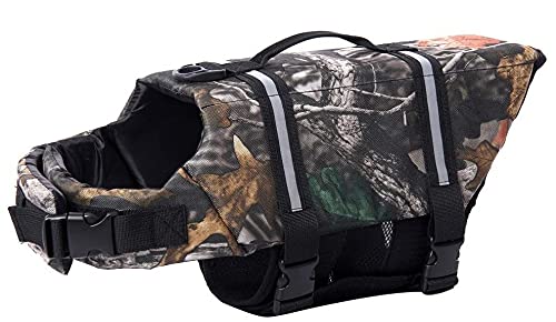 Izefia Dog Life Jacket Swimming Safety Coat Floatation Life Vest Life Saver with Handle for Small Dog Puppy Large Dog (Camouflage, L)