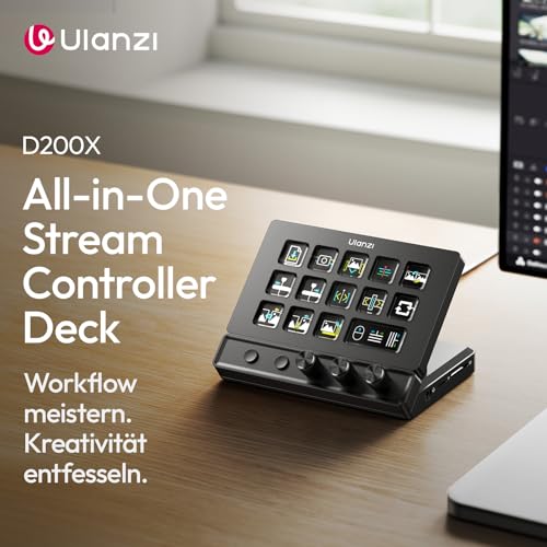 ULANZI D200X 8-in-1 Stream Controller with 3 Knobs 14 LCD Macro Keys, Stream Deck with USB-C Docking Station, 4K HDMI, Audio Port, Compatible with Mac/Windows, for OBS/Streaming/Editing/Photography