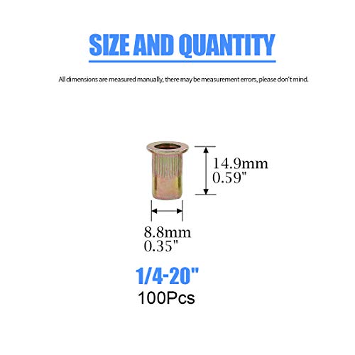 Glarks 100Pcs 1/4"20UNC Zinc Plated Carbon Steel Rivet Nut Flat Head