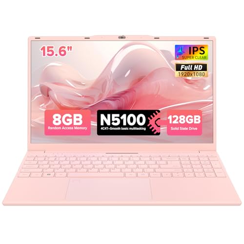 Auusda Lightweight Portable Pink Laptop, Win 11 Pro, 4-Core Processor,15.6" FHD IPS, Backlit Keyboard, Privacy Camera, Fingerprint Reader, USB 3.0, HDMI, for Business Work Study, 8GB RAM 128GB SSD | Backlit Keyboard, Fingerprint Sensor, USB 3.0*2, 6000mAh, Ideal for Student & Business