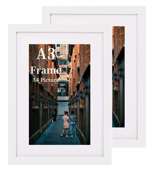 MEGAROOM Wood A3 Picture Frame Set of 2 - A3 Frame for 16.5 x 11.7 In (42 x 29.7 cm) Photo Wall Hanging - A3 Photo Frame with Clear Perspex Front - Wall Mounting to Hang Portrait, Landscape (White)