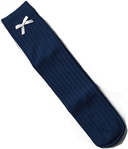 Alva Edison Bowknot Knee High Cotton Socks For Baby Girls,Toddlers&amp;Child,School dress (1-3T, Navy)