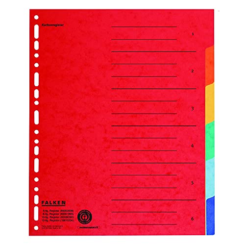 20 x Original Falken Cardboard Index Extra Wide for DIN A4+ 24.5 x 30 cm Full Height with Organisational Print 6-Piece Full Colour for Storing Brochure and Transparent Pockets