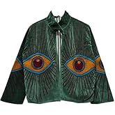 Embroidered Evil Eye Green Velvet Suzani Jacket, Bohemian Coat