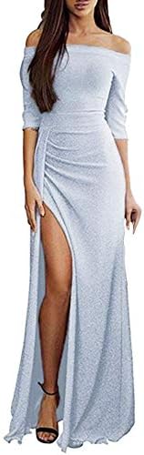 Cocktail Prom Party Gown Dance Dress,Women Off Shoulder Dresses High Split Maxi Long Evening Long Maxi Dress (Sliver, 3XL)