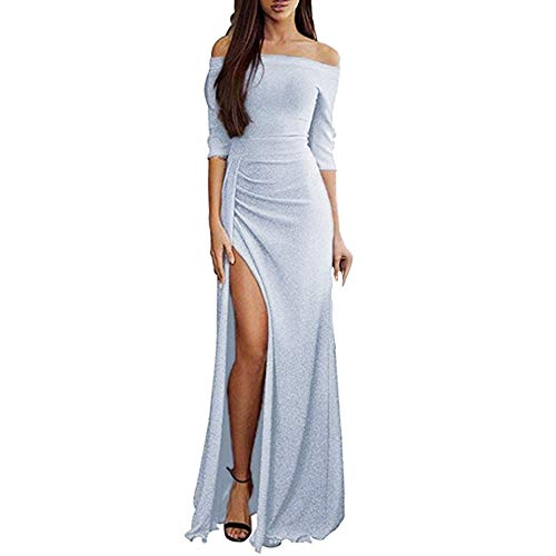 Cocktail Prom Party Gown Dance Dress,Women Off Shoulder Dresses High Split Maxi Long Evening Long Maxi Dress (Sliver, 3XL)