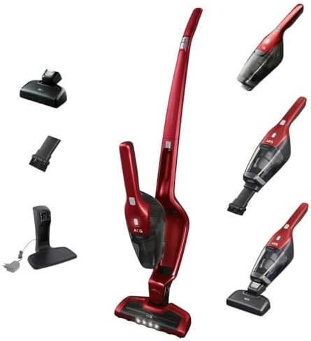 Ergorapido 2in1 Akku Staubsauger, Beutellos, inkl. Tierhaardüse, ETM Testsieger, bis zu 45Min Laufzeit, Freistehend, 180° Drehgelenk, Bürstenreinigungsfunktion, LED-Frontlichter, Rot, CX7-2-45AN