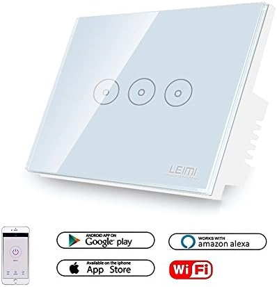 LEIMI Smart Wifi Light Switch Touch Screen,Replace 3 Switches in 1 Gang Wall Box,Compatible with Alexa,No Hub Required,White Crystal Glass Panel,Control Your Devices From Anywhere(Wall Switch 3 Gang)