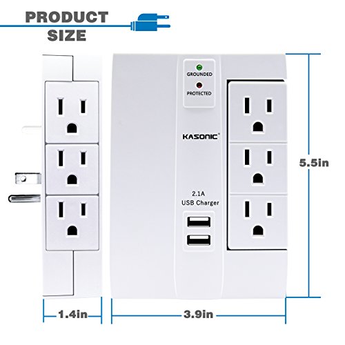 Wall Tap Surge Protector, Kasonic Top Power Strip 6 Power Outlets Plus 2 USB Ports Portable Wall-Mount Socket, Best Power Surge Protection Smart Charging for Home and Office (2 PACK)