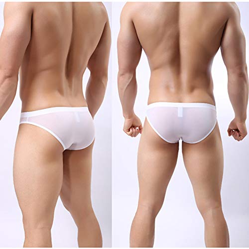 charmsamx Mens Sexy Lace Briefs Soft Breathable Bulge Pouch Underwear Micro Mesh Briefs Lightweight Silky Touch Underpants Pouch Brief No Fly Covered Waistband, White, XL