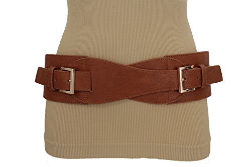 TFJ Women Wide Fashion Elastic Belt Hip Waist Gold Metal Double Buckles S M Brown