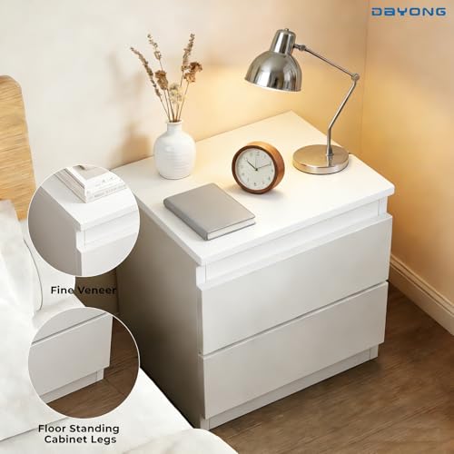 DAYONG Bedside Table, Modern Nightstand with 2 Drawer, Sofa Side Table with Enhanced Storage Capacity, Wooden Night Stand for Bedroom, Living Room, Small Spaces (White)