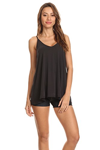 A+D Womens Casual Cupro V-Neck Flowy Cami Strap Tank Top (Black, Small)