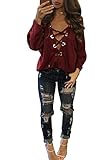 Oops Style Womens Sexy Deep V Neck Lace Up Front Long Sleeve Shirt Blouse Tops