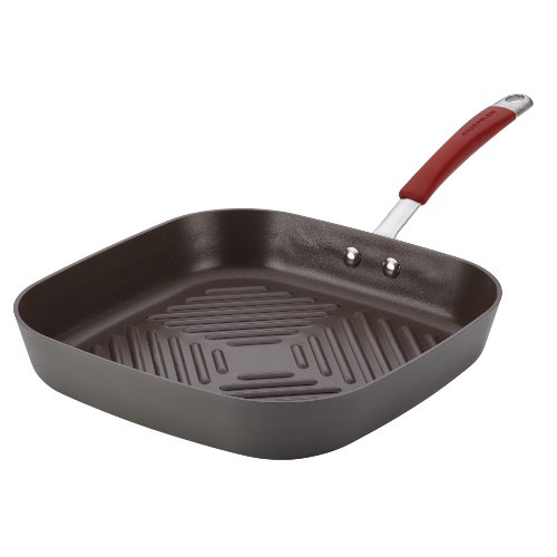 Rachael Ray Cucina Hard-Anodized Nonstick 11-Inch Deep Square Grill
Pan, Gray with Cranberry Red Handle