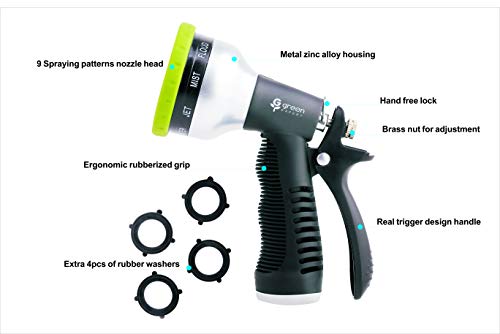 Green Expert High Pressure Garden Hose Nozzle 9 Adjustable Spray Patterns Heavy-Duty Metal Sprayer with Thermoplastic Housing for Car Wash Pets Shower Plants Watering Home Cleaning, 479903