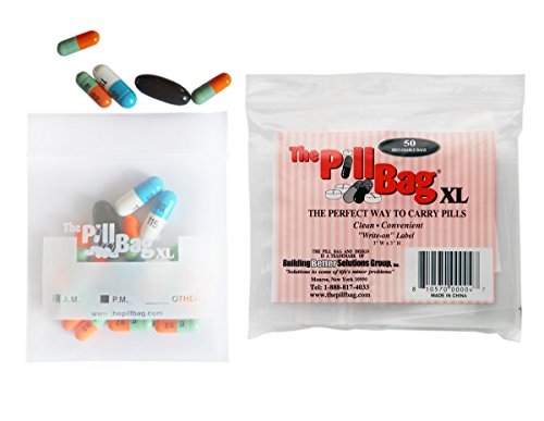 The Pill Bag | Medicine Pill Organizer with Labels for AM/PM | Resealable Disposable Pill Pouches for Medicine, Vitamins, Gummies | Plastic Pill Bags for Travel | XL Size | 50 Count