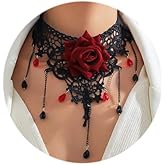 Vinzar Gothic Necklace Rose Choker Necklace Lace Necklace Tassels Bead Collar Necklace for Halloween Coustume Party Prom