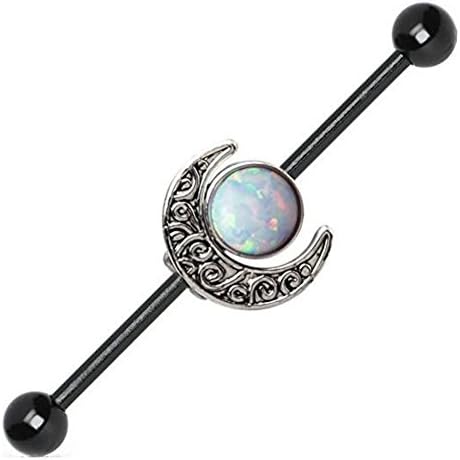 14 Gauge Stainless Steel Moon and Opal Charm Industrial Barbells Piercing Jewelry