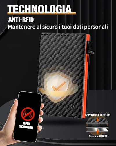 Small Man Credit Card Holder, Slim Men's Wallet with Magnetic Closure and ID Window, Pop-up Leather Card Holder for 11 Cards, Card Holder with Coin and Banknotes, Black and Orange