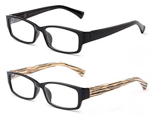 IG Unisex Spring Temple Simple Plain Clear Lens Fashion Glasses (2 Pack - Black & Wood Color, 52)