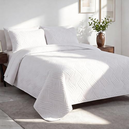VIOPY Colcha Ligera matrimonial,210×240 CM,cubrecama Reversible,con 2 Funda de Almohada,edredones,Suave Tacto, Ligero y Fresco,Ropa de Cama,Verano y Uso Anual.Blancos para el hogar(Blanco)